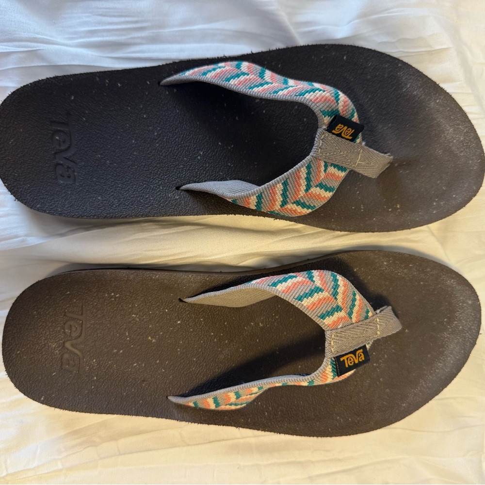 Teva Brown Footbed Flip Flops with Coral, Teal & Cream Woven Straps